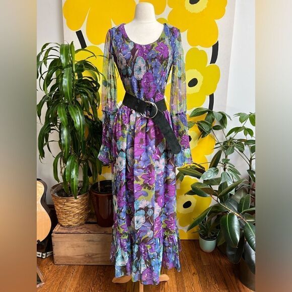 Dreamy 1960s 1970s Sheer Sleeve Smocked Flowy Flower Power Maxi Gown - Picture 3 of 13